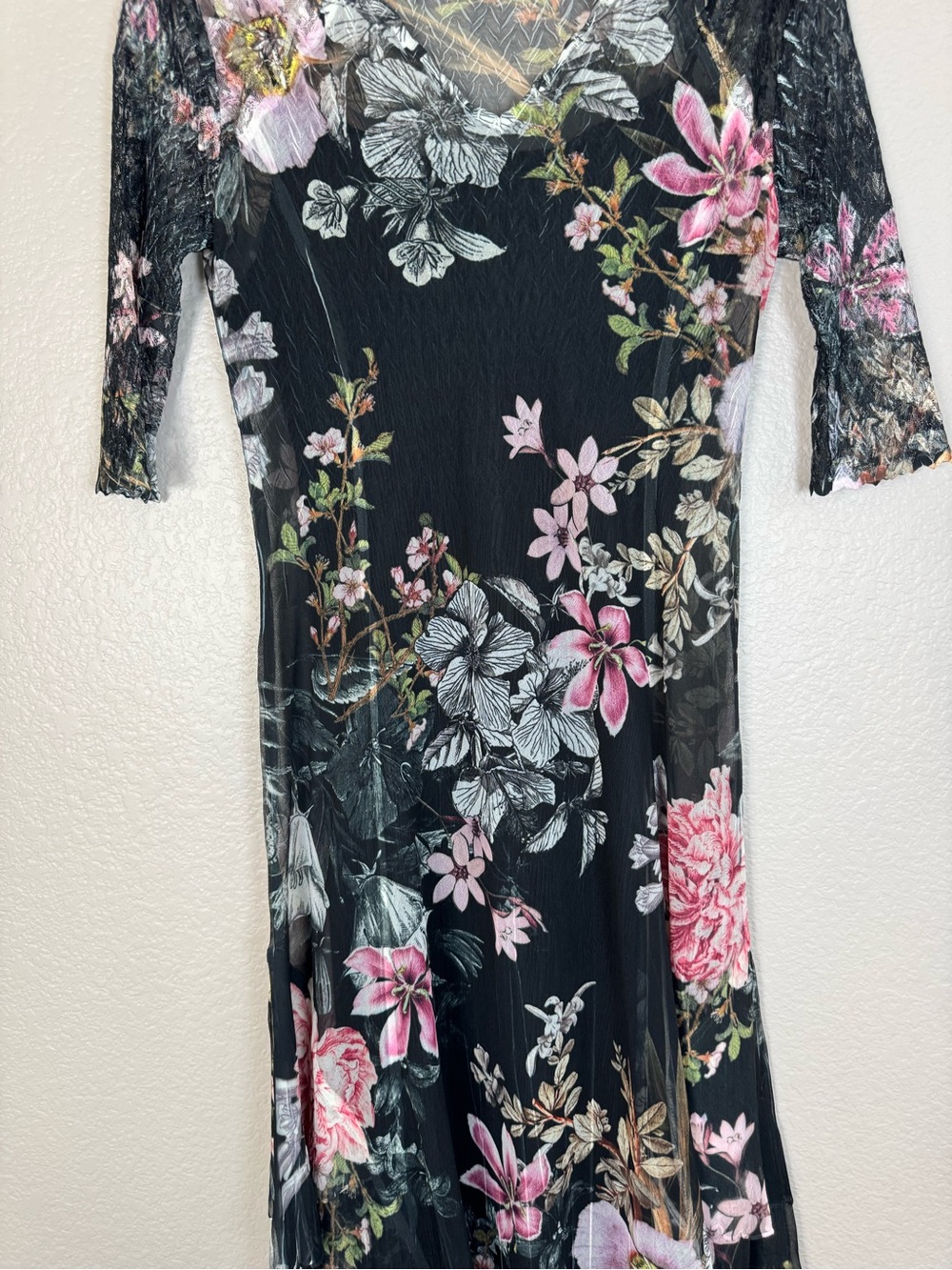 Komarov Floral Print Charmeuse Chiffon Lace Midi Dress 3/4 Sleeves Large $298 - Picture 5 of 12